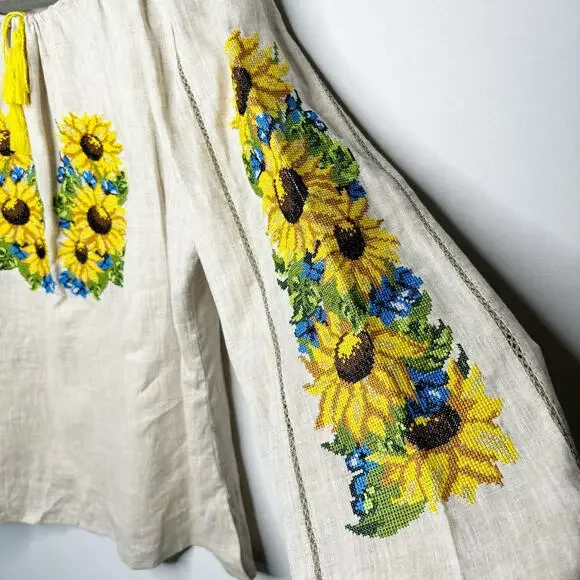 Needlepoint Yellow Sunflower Peasant Blouse Womens 46/XL Drawstring Neckline - Picture 5 of 12
